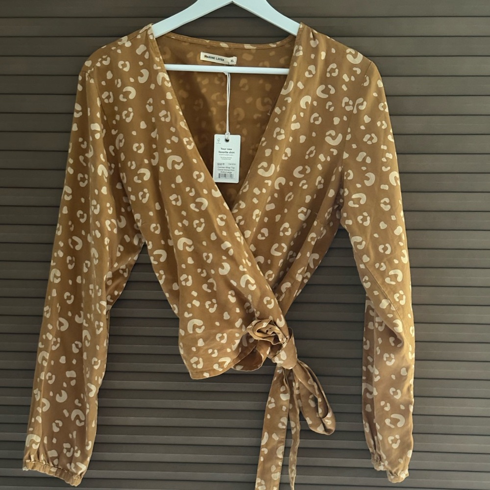 Marine Layer Tan Wrap Blouse with White Pattern